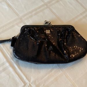 Coach Black Sequin Clutch.  Kiss Lock, Wrist Strap.  Holds iPhone, Coach 4Ever